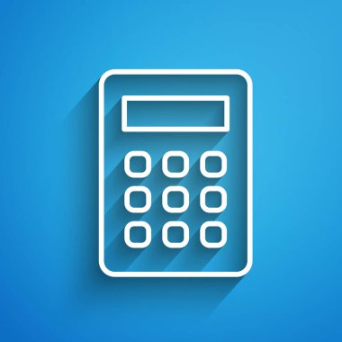 Beyaz çizgi hesap makinesi simgesi mavi arkaplanda izole edildi. Muhasebe sembolü. İş hesaplamaları matematik eğitimi ve finans. Uzun gölge. Vektör