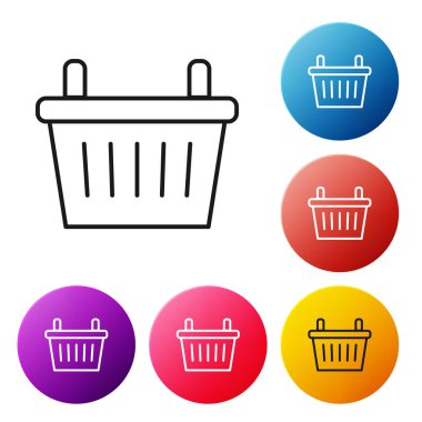 Siyah çizgi bisiklet sepeti simgesi beyaz arkaplanda izole edilmiş. Renkli daire düğmelerini ayarlayın. Vektör