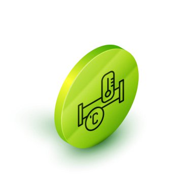 Isometric line Industry metalik boru ve ısı ikonu beyaz arka planda izole edildi. Tesisat boru hattının farklı şekillerde parçaları. Yeşil daire düğmesi. Vektör