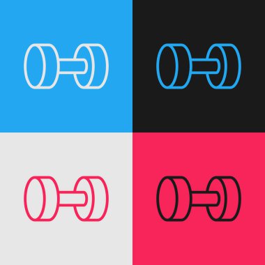 Pop Art Line Dumbbell simgesi renk arkaplanında izole edildi. Kas kaldırma ikonu, fitness halteri, spor aletleri, egzersiz yaban domuzu. Vektör