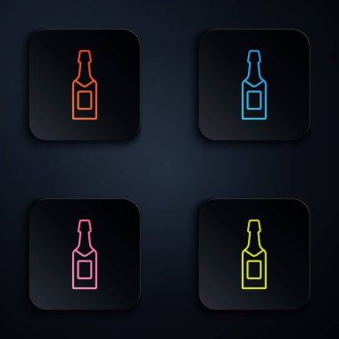 Renkli neon hattı. Şampanya şişesi simgesi siyah arka planda izole edilmiş. Kare düğmelere simgeleri yerleştir. Vektör