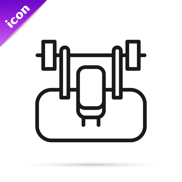 Black line Bench mit Barbel-Symbol isoliert auf weißem Hintergrund. Fitnessgeräte. Bodybuilding, Powerlifting, Fitnesskonzept. Vektor — Stockvektor