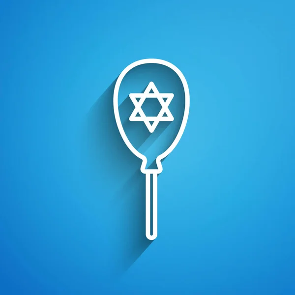 Fehér vonal léggömbök szalag csillag David ikon elszigetelt kék alapon. Izraeli zászlós léggömb. Hosszú árnyék. Vektor — Stock Vector