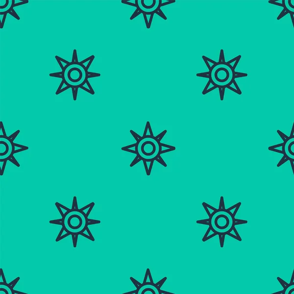 Blaue Linie Wind Rose Symbol isoliert nahtlose Muster auf grünem Hintergrund. Kompass-Symbol für Reisen. Navigationsdesign. Vektor — Stockvektor