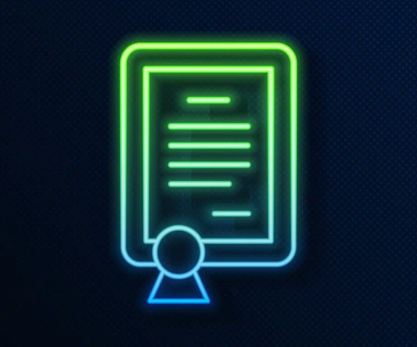 Glowing neon line Certificate template icon isolated on blue background. 공적, 상, 학위, 보조금, 졸업장같은 개념들 입니다. Vector — 스톡 벡터