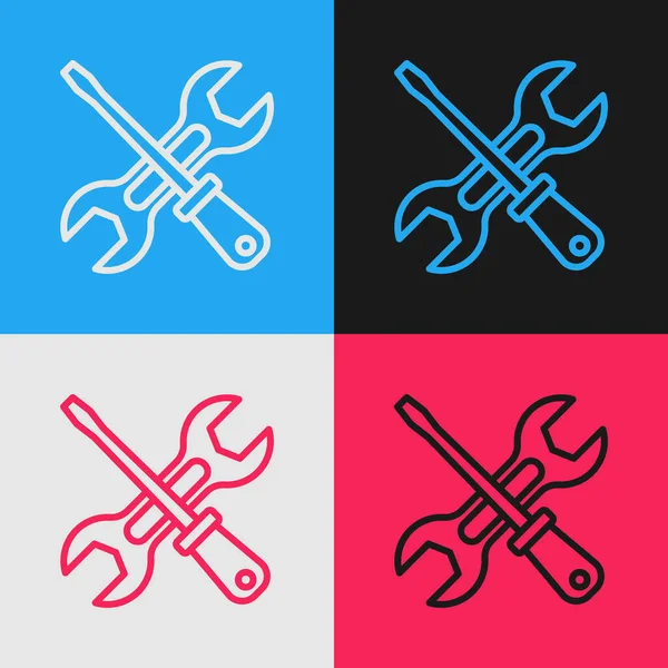 Pop-Art-Linie Schraubenzieher und Schraubenschlüssel Werkzeuge Symbol isoliert auf farbigem Hintergrund. Service-Tool-Symbol. Vektor — Stockvektor