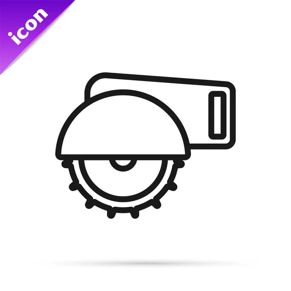 Black line Electric circular saw with steel toothed disc icon isolated on white background. Electric hand tool for cutting wood or metal. Vector — Stock Vector