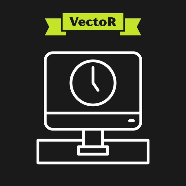Weiße Linie Computermonitor Zeitsymbol isoliert auf schwarzem Hintergrund. Elektronisches Gerät. Frontansicht. Vektor — Stockvektor