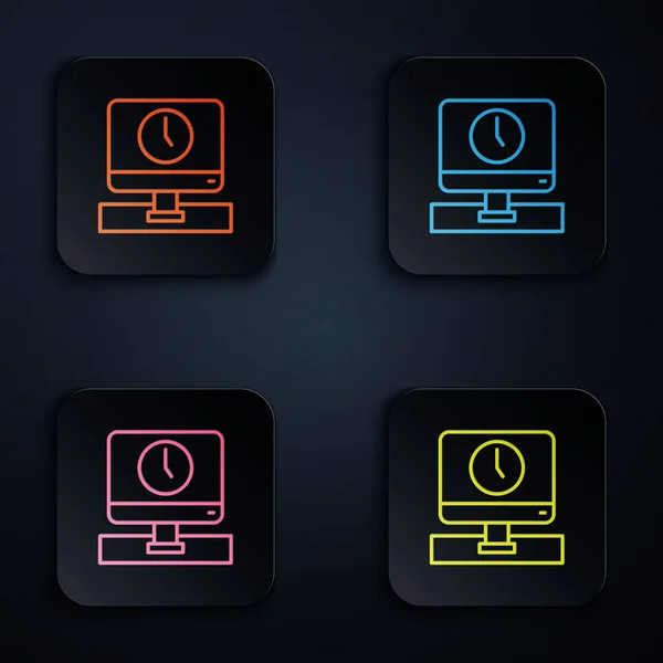 Color neon line Computer monitor time icon isolated on black background. Electronic device. Front view. Set icons in square buttons. Vector — Stock Vector