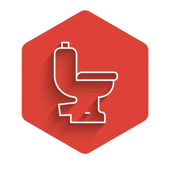 Weiße Linie Toilettenschüssel Symbol isoliert mit langem Schatten. Roter Sechskantknopf. Vektor — Stockvektor