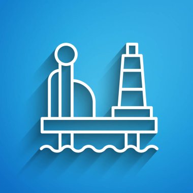 Deniz ikonundaki beyaz çizgi petrol platformu mavi arka planda izole edilmiş. Denizde sondaj kulesi. Petrol platformu, doğalgaz, deniz aşırı sanayi. Uzun gölge. Vektör