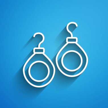 Mavi arka planda beyaz çizgili küpe simgesi var. Mücevher aksesuarları. Uzun gölge. Vektör