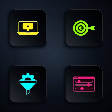 Tarayıcı ayarı, yıldız dizüstü bilgisayar, huni donanımı ve Target 'ı ayarla. Siyah kare düğme. Vektör