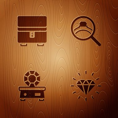 Elmas, mücevher kutusu, mücevher taşı ve ahşap arka planda nişan yüzüğü. Vektör