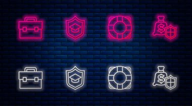 Kalkanlı Mezuniyet Şapkası, Lifebuoy, Çanta ve Para. Tuğla duvarda parlayan neon simgesi. Vektör