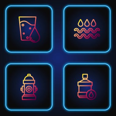 Büyük şişe temiz su, yangın musluğu, cam ve el salla. Renk simgeleri. Vektör