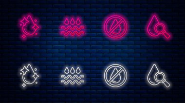 Dalgayı su damlasıyla, suyu yasak, damlayı ve büyüteci ile ayarla. Tuğla duvarda parlayan neon simgesi. Vektör