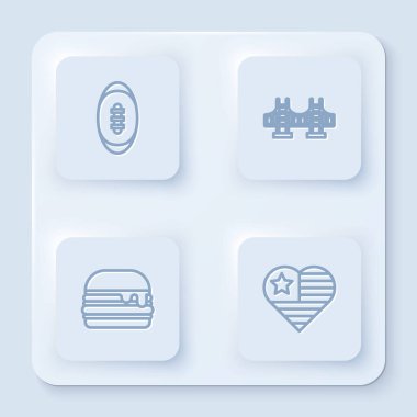 Amerikan Futbolu, Golden Gate Köprüsü, Burger ve Amerika 'nın Bağımsızlık Günü. Beyaz kare düğme. Vektör