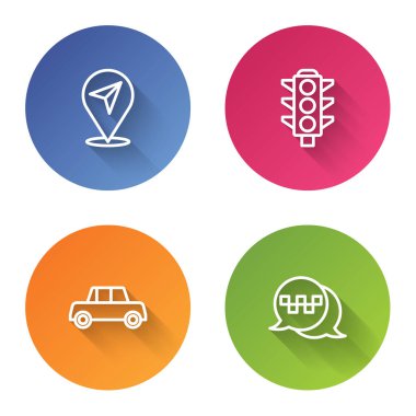 Hat konumu, trafik ışığı, araba ve taksi servisi. Renkli daire düğmesi. Vektör