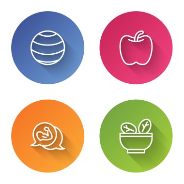 Set hattı fitness topu, Apple, vücut geliştirme kası ve salata kasesi. Renkli daire düğmesi. Vektör