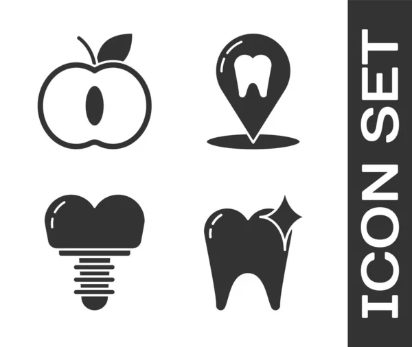 Set Concepto de blanqueamiento dental, Apple, Implante dental e icono de ubicación clínica dental. Vector — Vector de stock