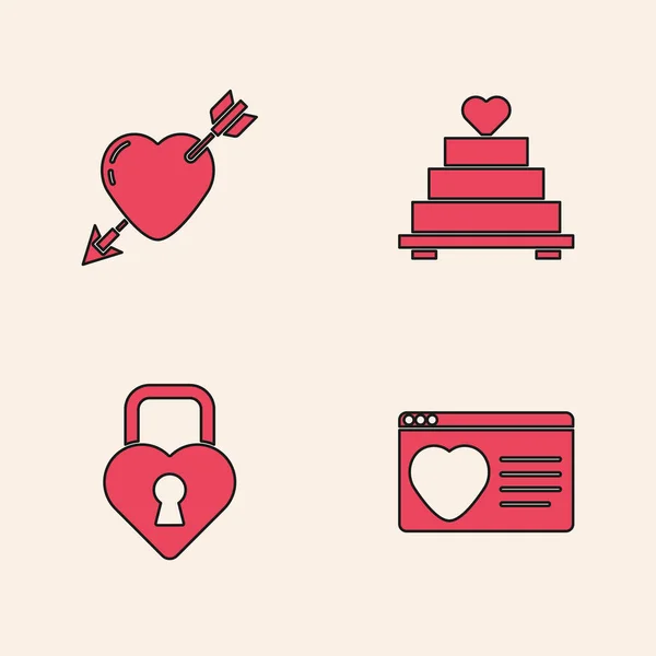 Set Citas aplicación en línea, Amour con corazón y flecha, Pastel de boda y Castillo de la forma del icono. Vector — Vector de stock