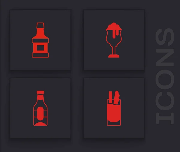 Set Cocktail Bloody Mary, bouteille de whisky, verre de bière et icône de la bière. Vecteur — Image vectorielle