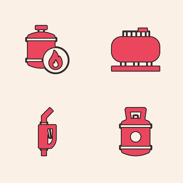 Stel Propaan gas tank,, Olie opslag en Benzinepomp mondstuk pictogram. Vector — Stockvector