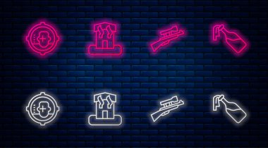 Kundakçılık, dürbünlü keskin nişancı tüfeği, kafa atışı ve kokteyl molotofu ayarlayın. Tuğla duvarda parlayan neon simgesi. Vektör