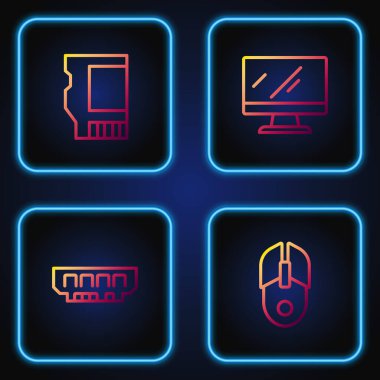 Satır satırı faresi, RAM, rastgele erişim belleği, SD kart ve monitör ekranını ayarla. Renk simgeleri. Vektör