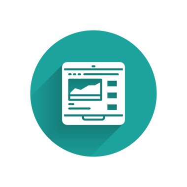 Beyaz Ticaret kursları simgesi uzun gölgeli izole edilmiş. Uzaktan öğrenme finans yönetimi, hisse senedi piyasalarında mal alıp satma. Yeşil daire düğmesi. Vektör