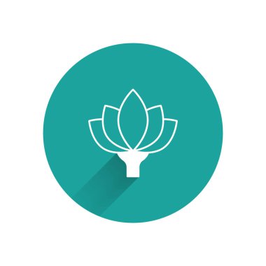 Beyaz Lotus çiçek ikonu uzun gölgeli izole edilmiş. Yeşil daire düğmesi. Vektör