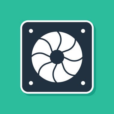 Mavi Bilgisayar soğutucu simgesi yeşil arkaplanda izole edildi. Bilgisayar donanım pervanesi. Vektör