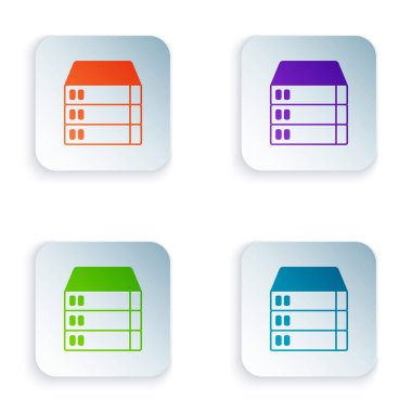 Renk Sunucusu, Data, Web sunucu simgesi beyaz arkaplanda izole edildi. Kare düğmelere renkli simgeleri yerleştir. Vektör