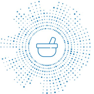 Mavi çizgi havan ve tokmak simgesi beyaz arkaplanda izole edildi. Soyut çember rastgele noktalar. Vektör