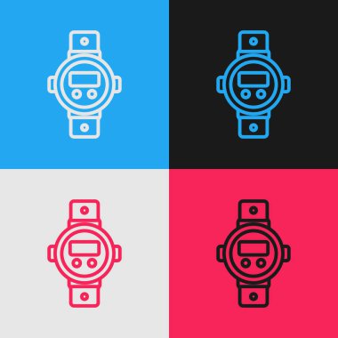 Pop Art Line Dalış saat simgesi renk arkaplanında izole. Su altı ekipmanları. Vektör
