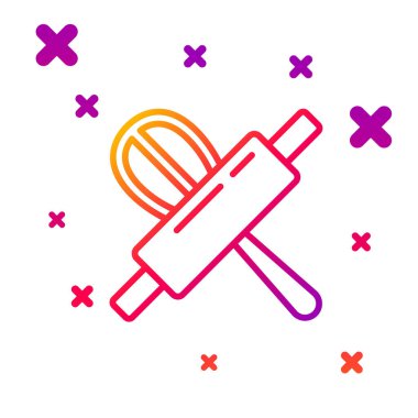 Renkli mutfak çırpma ve merdane simgesi beyaz arkaplanda izole edildi. Mutfak aletleri, yumurta çırpıcı. Çatal bıçak seti. Yemek karışımı sembolü. Kademeli rastgele dinamik şekiller. Vektör