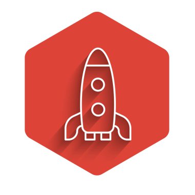 Beyaz çizgi roket gemi ikonu uzun gölgeli izole edildi. Uzay yolculuğu. Kırmızı altıgen düğmesi. Vektör