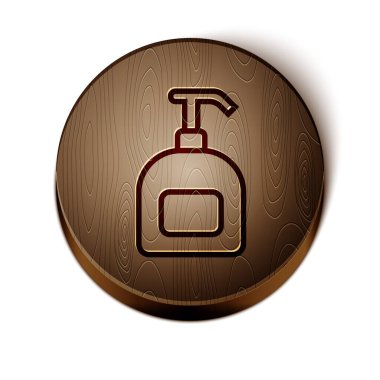 Kahverengi çizgi, beyaz arka planda izole edilmiş sıvı antibakteriyel sabun. Antiseptik. Dezenfeksiyon, hijyen, cilt bakımı. Tahta daire düğmesi. Vektör