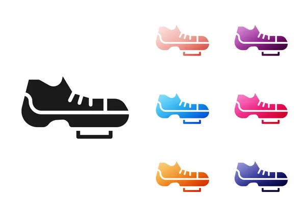 Ikon sepatu bersepeda Triathlon hitam diisolasi dengan latar belakang putih. Sepatu olahraga, sepatu sepeda. Mengatur ikon penuh warna. Vektor - Stok Vektor