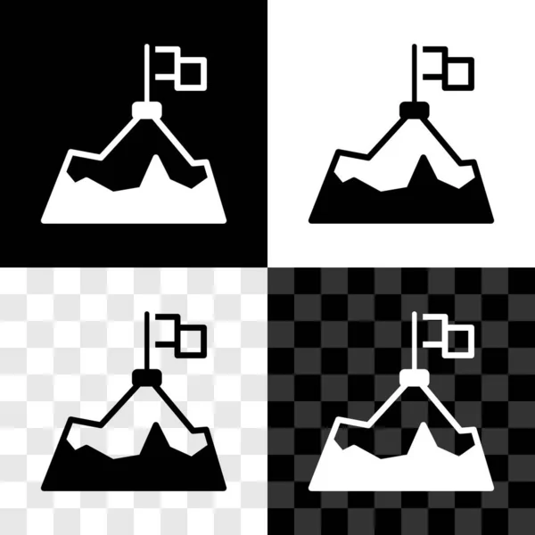 Setzen Sie Berge mit Flagge auf dem oberen Symbol isoliert auf schwarz-weißem, transparentem Hintergrund. Symbol für Sieg oder Erfolg. Zielerreichung. Vektor — Stockvektor
