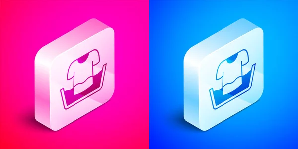 Isometric Plastic basin with shirt icon isolated on pink and blue background. Bowl with water. Washing clothes, cleaning equipment. Silver square button. Vector — Stock Vector