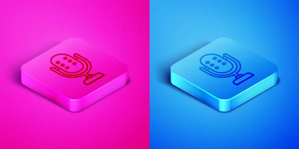 ピンクと青の背景にアイソメトリックラインマイクアイコンを分離。無線マイクで。スピーカーサイン。正方形のボタン。ベクトル — ストックベクタ