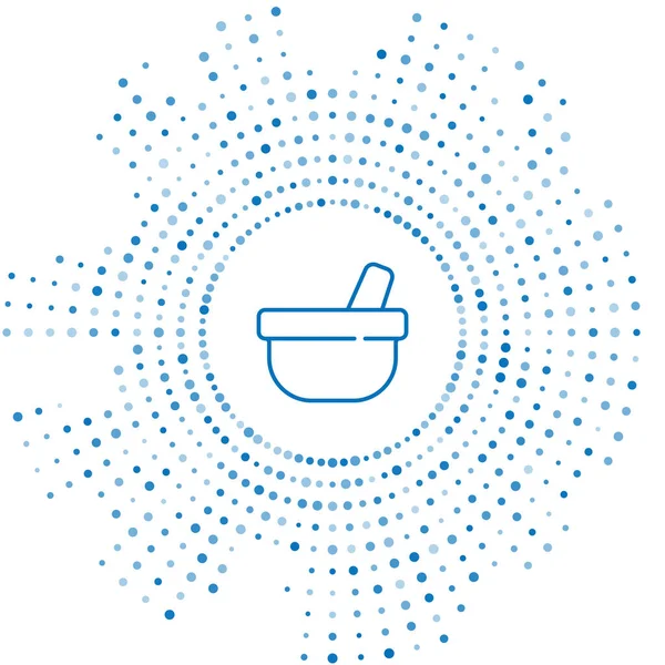 Mavi çizgi havan ve tokmak simgesi beyaz arkaplanda izole edildi. Soyut çember rastgele noktalar. Vektör