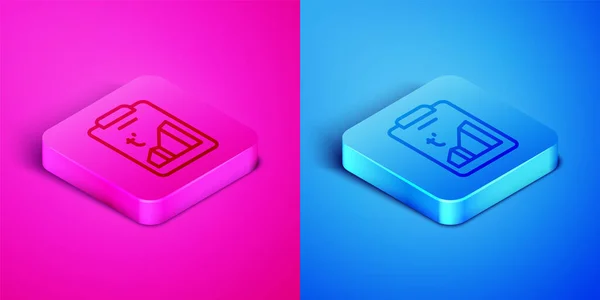 Isometric line Planet earth melting to global warming icon isolated on pink and blue background. Ecological problems and solutions - thermometer. Square button. Vector — Stock Vector