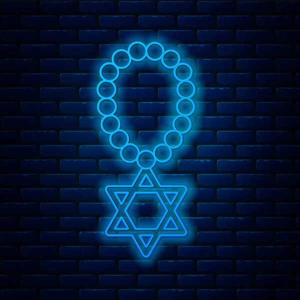 벽돌 벽 배경에 고립된 체인 아이콘에 다윗의 목걸이의 네온 선. 유대 종교의 상징. 이스라엘의 상징. 보석 과 액세서리. Vector — 스톡 벡터