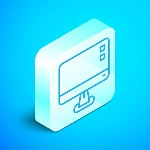Isometrische Linie Computerbildschirm-Symbol isoliert auf blauem Hintergrund. Elektronisches Gerät. Frontansicht. Silberner quadratischer Knopf. Vektor — Stockvektor