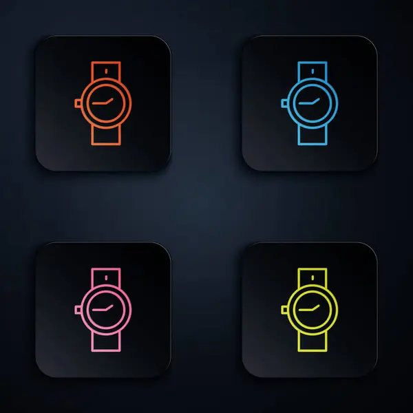 Color neón línea Muñeca icono del reloj aislado sobre fondo negro. Icono del reloj de pulsera. Establecer iconos en botones cuadrados. Vector — Archivo Imágenes Vectoriales