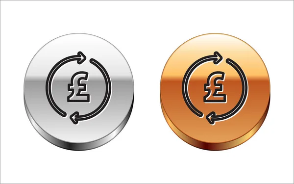 Línea negra Moneda con libra esterlina icono símbolo aislado sobre fondo blanco. Signo de moneda bancaria. Símbolo efectivo. Botón círculo plata-oro. Vector — Vector de stock