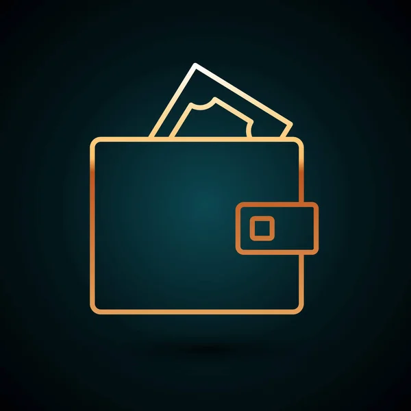 Cartera de línea de oro con pilas de papel moneda icono de dinero en efectivo aislado sobre fondo azul oscuro. Icono del bolso. Símbolo de ahorro. Vector — Vector de stock